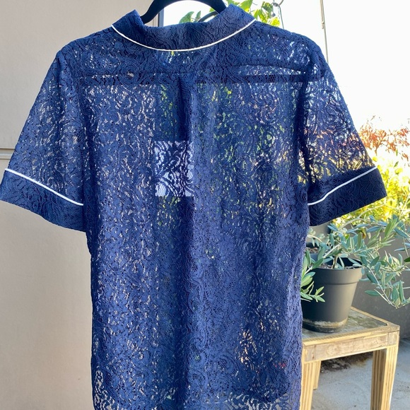 Essentiel Antwerp Ink Blue Lace Shirt Size 38 with White Piping NWT - Picture 5 of 6